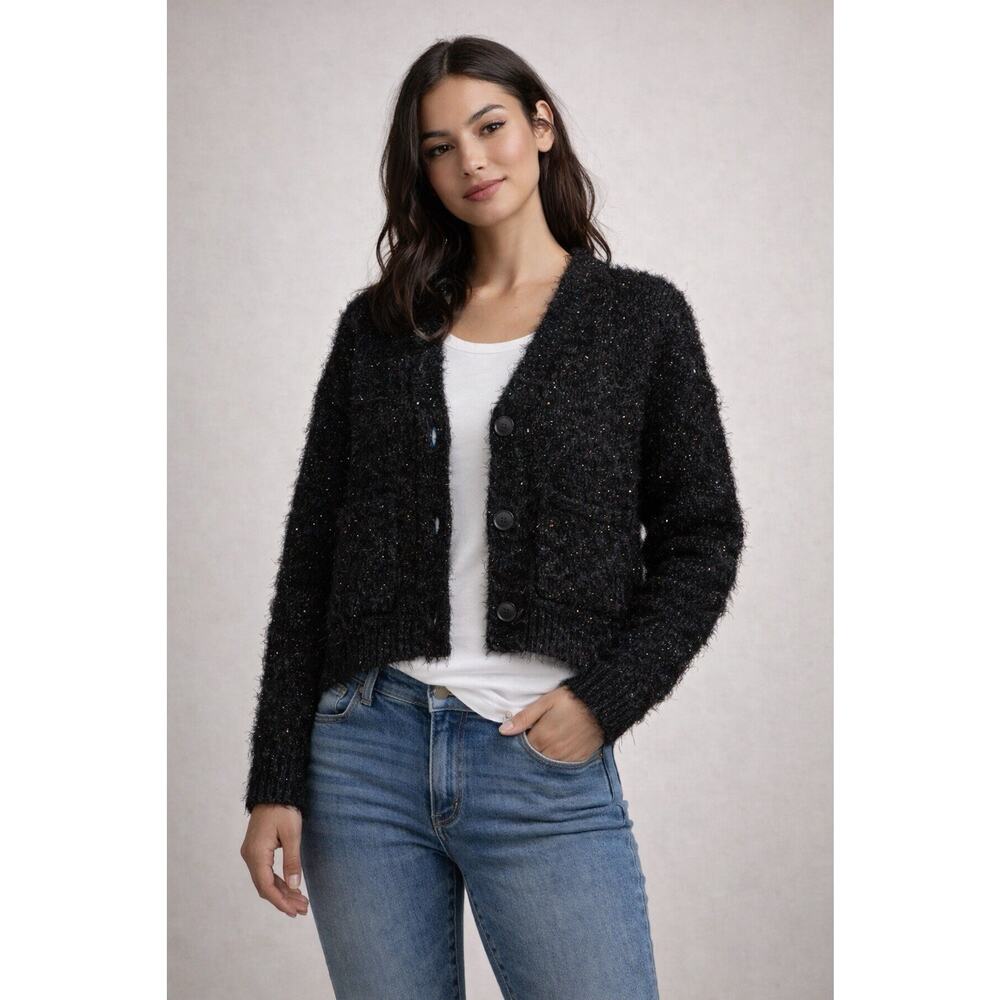 Joe’s Jeans Fuzzy Confetti Rainbow Sparkly Cardigan Gir's L 12-14 Black Soft